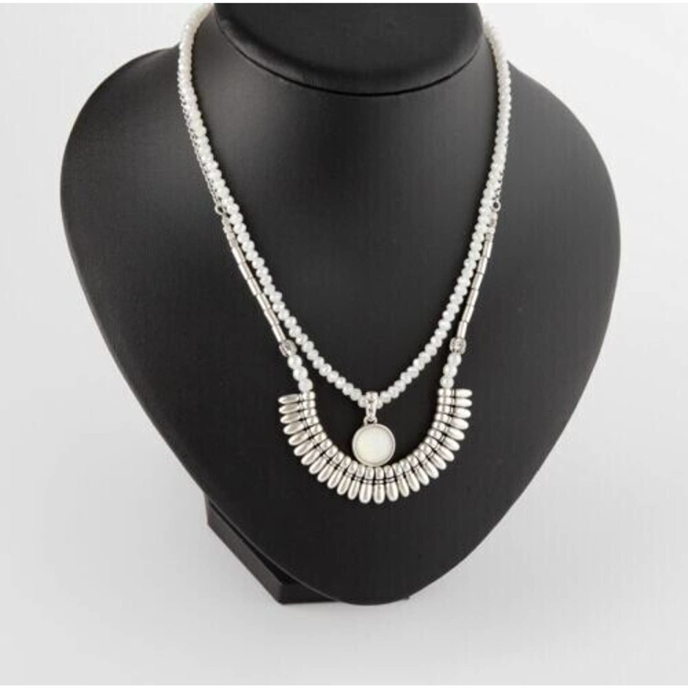 LUCKY BRAND Silver Tone Double Collar Moonstone Pendant Necklace